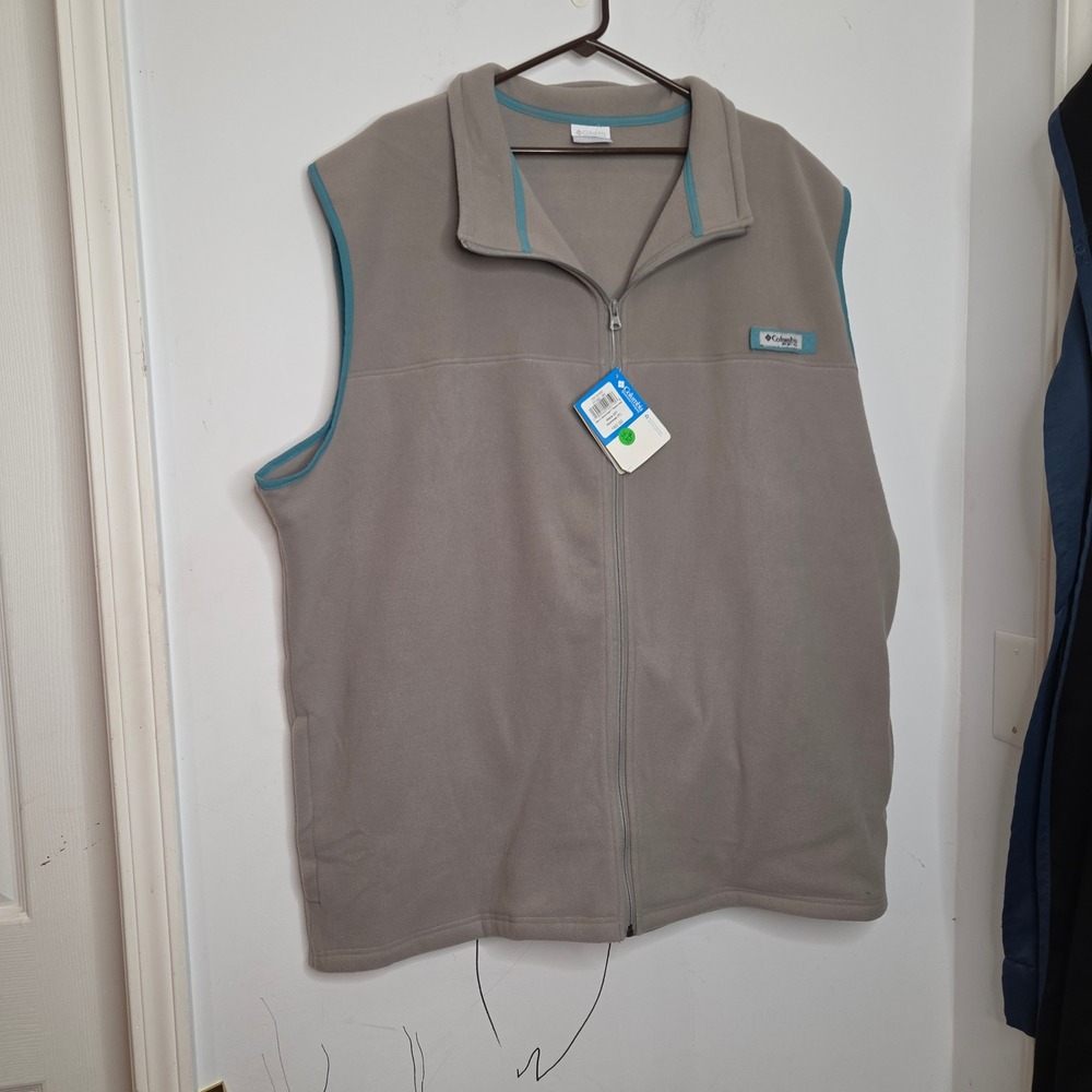 Columbia PFG Mens Grey Fleece Full Zip Fishing‎ Vest 3XLT Big and Tall Teal Trim